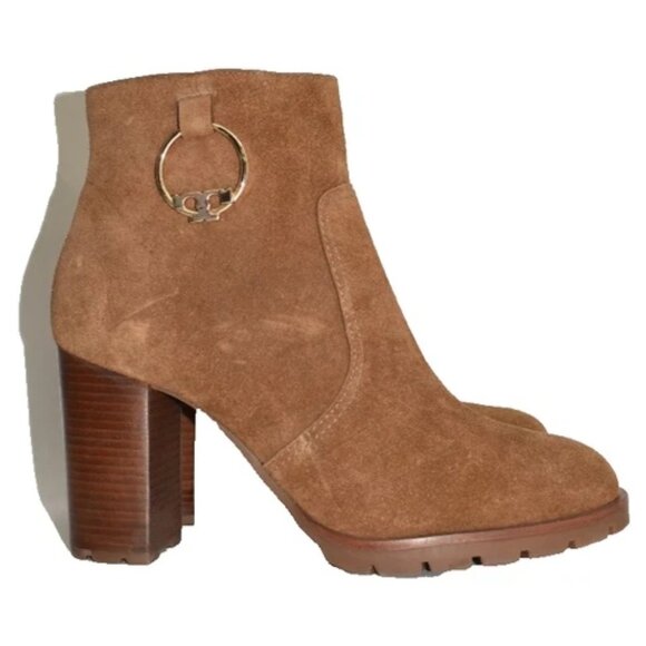 $500 TORY BURCH Sofia Lug Sole Suede Mid-heel Booties LOGO Brown 10.5 (MG24) - Picture 3 of 7